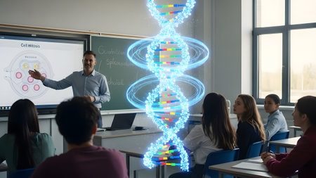 Teacher points to DNA hologram in classroom with students watching attentively. Clear details and...の写真素材