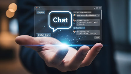 Hand presents a holographic chat interface with messages in English and Japanese, indicating...の写真素材