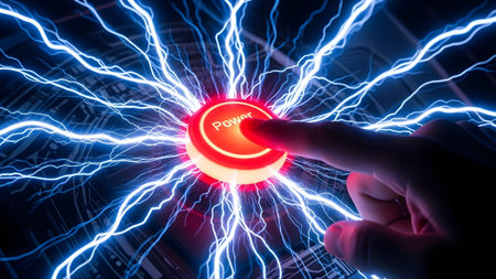 Button showing finger touching red power button with electrical arcs : power, button,...の写真素材