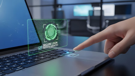 Fingerprint authentication on a laptop with secure login access granted. Clear details and vibran...