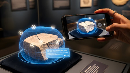 Smartphone displays AR overlay of a stone artifact with historical dates and descriptive text.