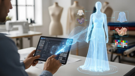 Fashion showing fashion design studio with digital tablet and holographic mannequin. High...の写真素材