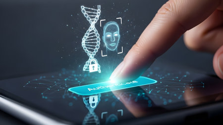 Finger touches phone screen for facial recognition authentication. Clear details and vibr...の写真素材