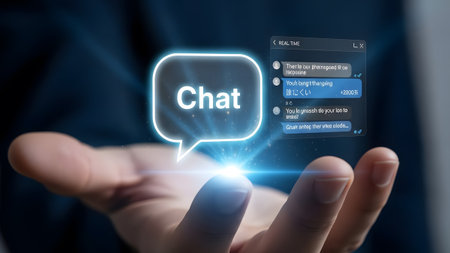 Hand displaying a holographic chat bubble and real-time message interface. Clear details and vibr...の写真素材