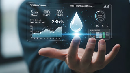 Holographic screen displays water quality data, charts, and irrigation zone information.の写真素材