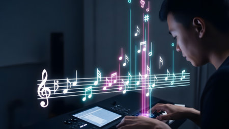A man plays a keyboard with a tablet, surrounded by colorful holographic musical notes. Clear det...