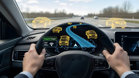 Autonomous car interior with holographic display on steering wheel and dashboard showing...