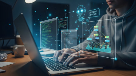 Person typing on laptop with holographic AI assistant showing code and financial charts.