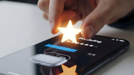 A hand places a glowing star on a smartphone screen showing a five-star rating. Clear details and...