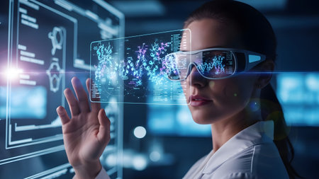 Female researcher uses AR glasses to analyze complex holographic molecular data in a lab.