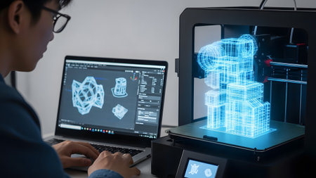 An engineer designs a complex structure on a laptop for a 3D printer. Clear details and vibrant c...