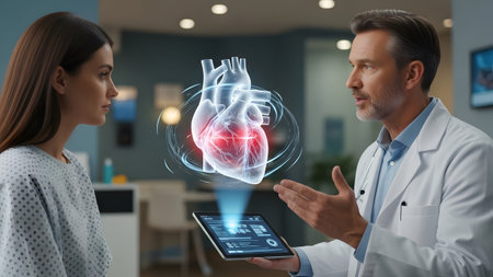 Doctor gestures while explaining a holographic heart to a patient in a medical setting. Clear det...