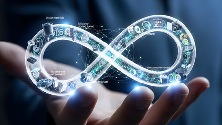 Hand holds glowing infinity symbol with icons showing industrial transformation and product...