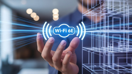Person presents Wi-Fi 6E symbol with futuristic building projection and blue light rays Clear det...