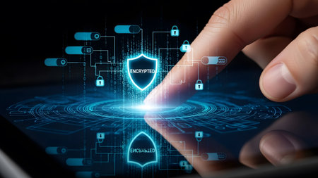 Futuristic showing finger touching encrypted digital shield with futuristic network elements...