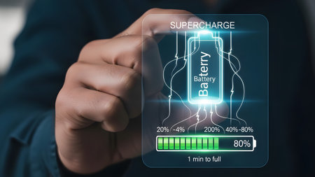 Hand holding a transparent screen showing battery charge indicator with supercharge text