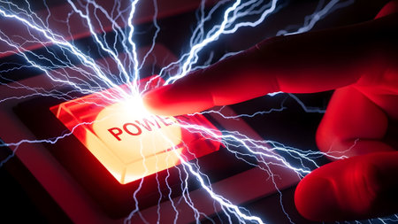 A finger presses a glowing red power button surrounded by bright electrical sparks and lightning.