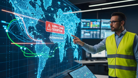 Man in safety vest points at a digital world map showing supply chain disruption and alternative...
