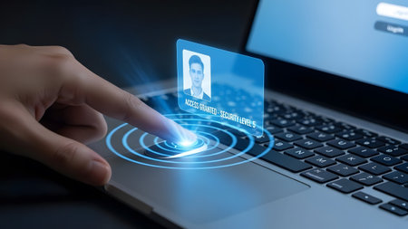 Fingerprint scan on a laptop touchpad grants access to a user profile on screen. Clear details an...