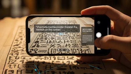 Smartphone scans and translates ancient Egyptian hieroglyphs on a papyrus scroll. Clear details a...