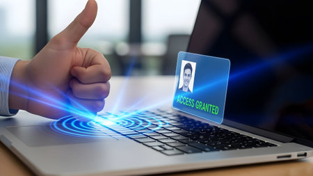 Thumbs up gesture and biometric scan confirm access granted on a laptop screen. Clear details and...