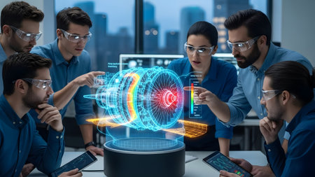Engineers wearing safety glasses analyze a holographic jet engine model in a workshop. Clear deta...