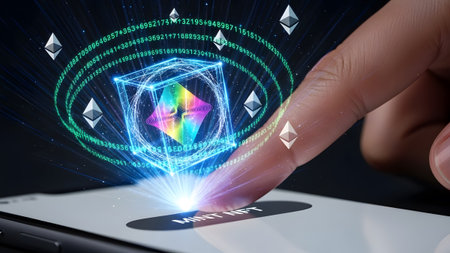 A finger touches a smartphone displaying a rainbow NFT cube and Ethereum cryptocurrency symbols.の写真素材