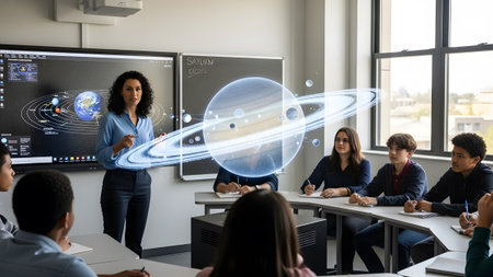 A teacher points to a holographic Saturn with rings while students watch in a classroom.の写真素材