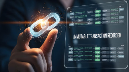 A finger touches a holographic blockchain link with transaction data displayed on a screen.