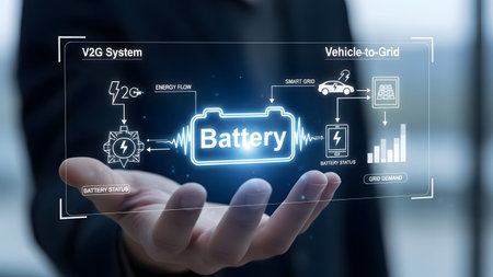 Hand shows holographic V2G system diagram with battery and car charging Clear details and vibrant...