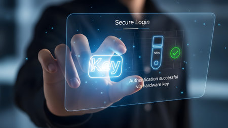 Hand interacts with a futuristic holographic interface for secure login authentication. Clear det...