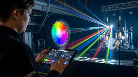 Lighting technician uses tablet to control stage lights with color wheel hologram. Clear details ...