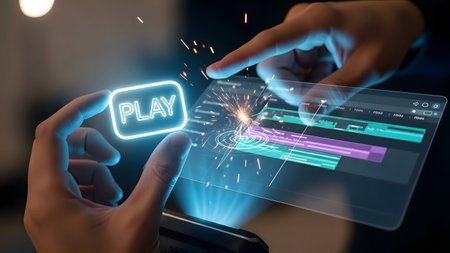 Hands interact with glowing play button and futuristic video editing timeline interface.