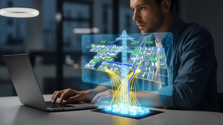 A man analyzes a solar energy grid with a power tower on a holographic display using a laptop.