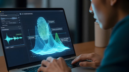 Person analyzes voiceprint and biometric data on a laptop screen with detailed graphs. Clear deta...の写真素材