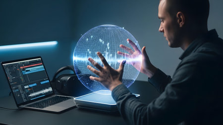 Man's hands reach towards a glowing holographic globe with data points. Clear details and vibrant...の写真素材
