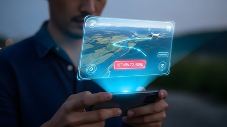 Man holds smartphone projecting a holographic interface for drone control. Clear details and vibr...の写真素材