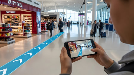Person uses a smartphone with AR navigation overlay showing a blue pathway in an airport.