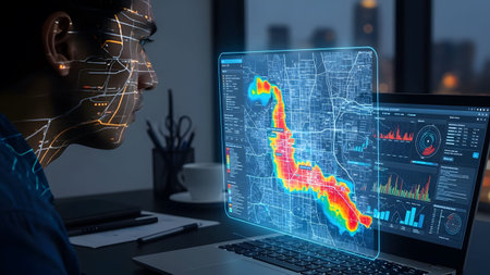 Man looks at holographic city map with data overlays on a laptop screen. Clear details and vibran...