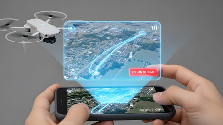 A person uses a smartphone to control a drone, with a holographic map showing the flight path.