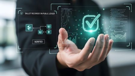 Holographic interface displays blockchain voting with checkmark and data graphs. Clear details an...