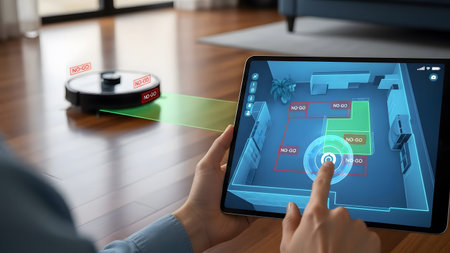 Tablet screen shows map with no-go zones for robot vacuum cleaner Clear details and vibrant color...
