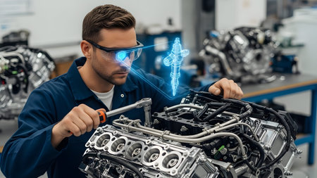 Mechanic in workshop uses AR glasses to repair engine with projected 3D hologram of part.