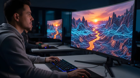 Man plays a video game on a curved monitor displaying a vibrant digital mountain landscape.
