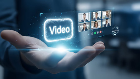 Person holding a glowing video icon and a digital video conference interface with participants.