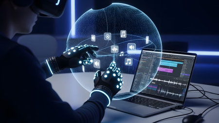 Person in VR headset and gloves manipulates a glowing digital interface with icons. Clear details...