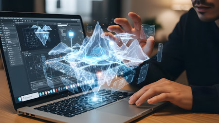 Person's hands manipulate a holographic 3D landscape model displayed above a laptop. Clear detail...の写真素材