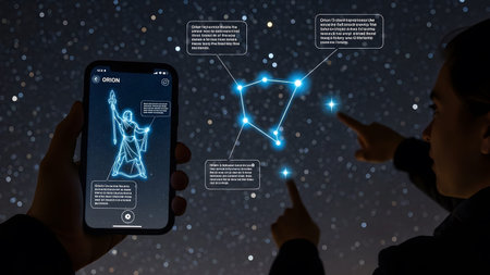 Person points at Orion constellation on phone and in the starry night sky Clear details and vibra...