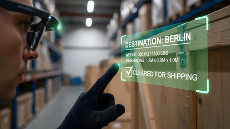 Person wearing AR glasses inspects shipping crate data in a warehouse. Clear details and vibrant ...