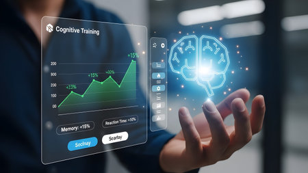 Holographic cognitive training interface with brain and progress graph held by a hand. Clear deta...